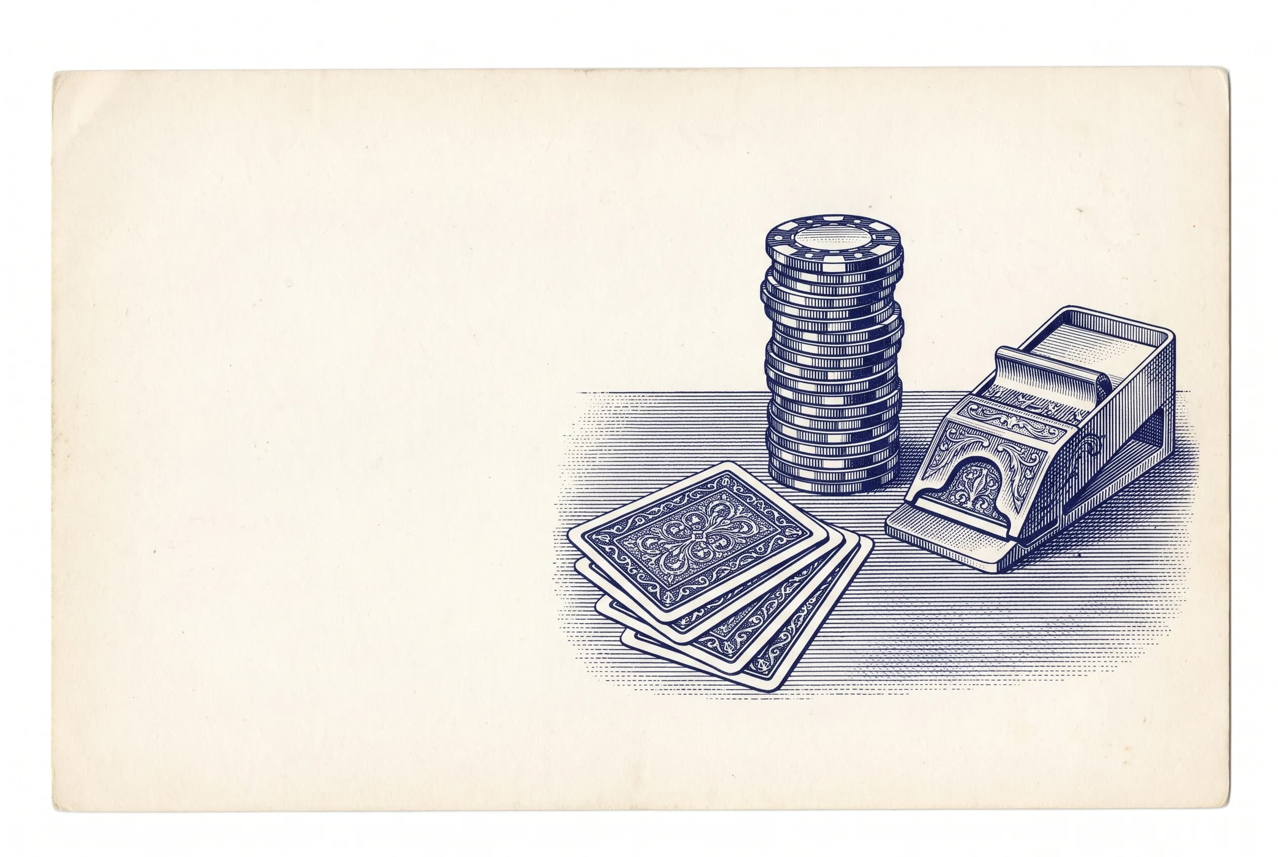 Engraving of a chip stack, three face-down cards, and a dealer shoe